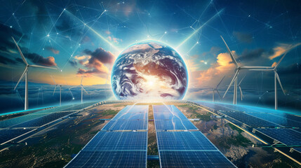 Fototapeta premium Digital composite image of earth with wind turbines and solar panels