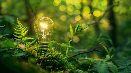A glowing lightbulb rests on mossy forest ground, signifying eco-friendly energy