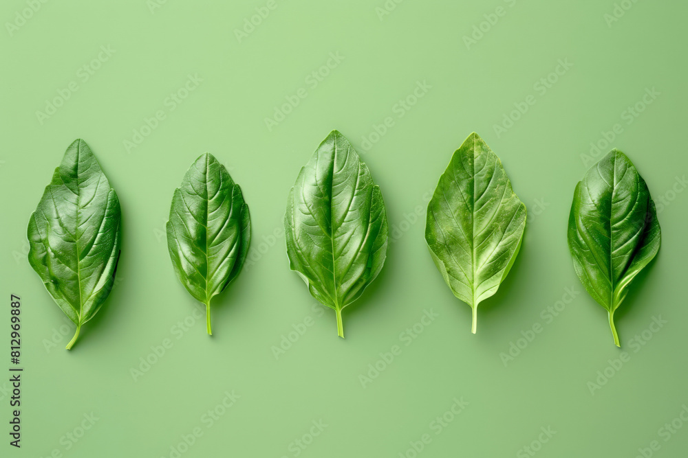 Poster basil leaves arranged in a neat row on a gradient green background, minimalist and colorful