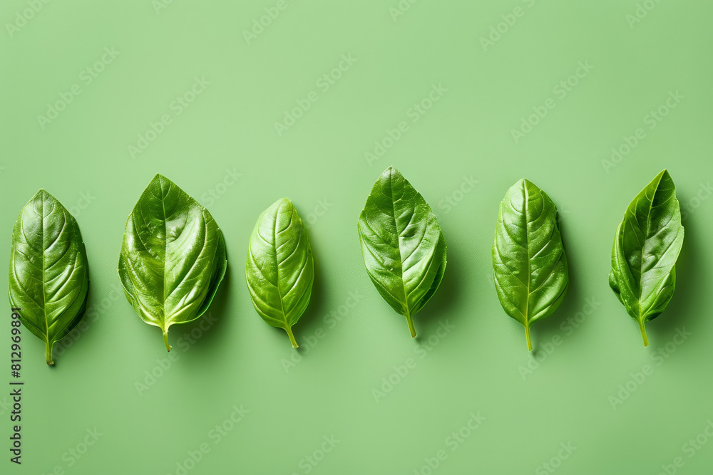 Aufkleber basil leaves arranged in a neat row on a gradient green background, minimalist and colorful