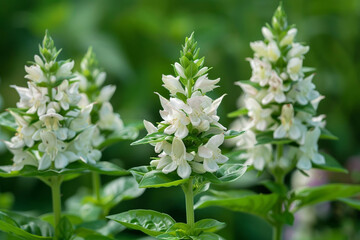 Basil flowers in bloom, close-up on the delicate white flowers against a lush green leaf background 