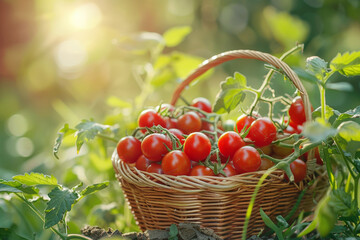 Basket of freshly picked cherry tomatoes in a sunny garden setting, natural light enhancing colors 