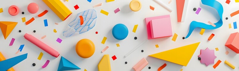 3D icon set of colorful confetti and ribbons on a white background