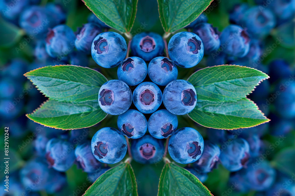 Poster blueberry abstract with a mirrored effect, creating symmetrical patterns in a kaleidoscopic view