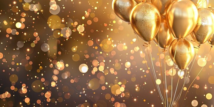 an invitation card with a lot of golden balloons 