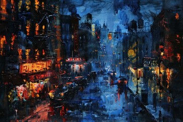 Vibrant abstract painting of a rainy city street at night with reflections
