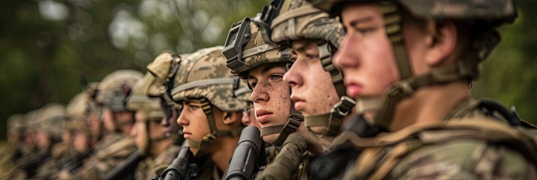 Boot camp and basic training military concept with male recruits standing at attention