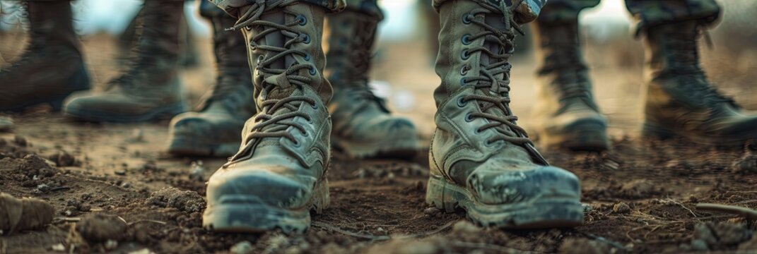Boot camp and basic training military concept with military boots standing at attention in formation