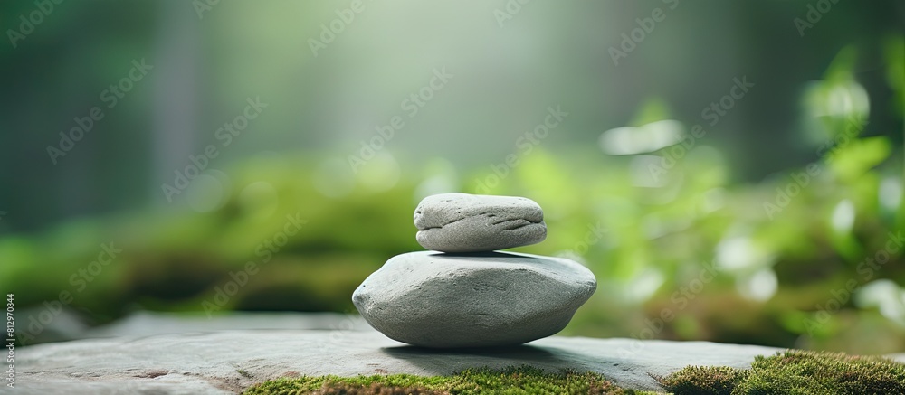 Poster the well designed rock stone stand presents products in a natural and blurred background allowing fo