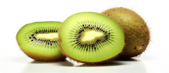 Fototapeta premium Highly detailed close up macro concept of a whole organic kiwi showcasing its freshness and juiciness The kiwi with its sweet and sour taste is packed with vitamin C and antioxidants The white isolat