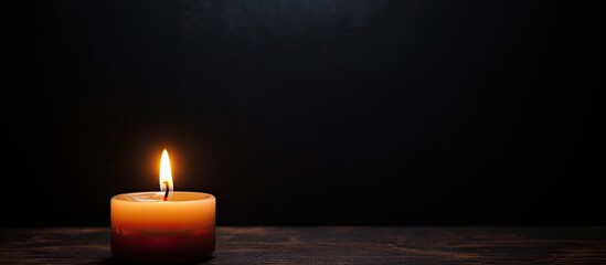 Silent and solemn a burning candle illuminates the darkness on a black backdrop providing ample copy space It symbolizes silence the memory of fallen heroes and the grief of mourning