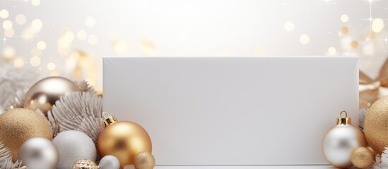 Copy space image of a Christmas themed postcard template with a mockup of a blank paper card an envelope a white present box and festive gold and silver ornaments The background is beige with Christm