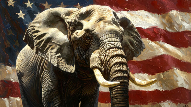 Elephant , republican party symbol , with detailed wrinkles and large ivory tusks , standing in front of a waving American flag with stars and stripes.