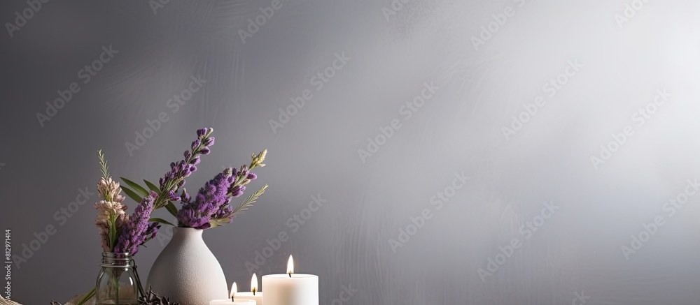 Poster on a white table there is a composition featuring spa products a stunning flower and a lit candle cr