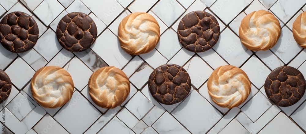 Poster a top down view of marble cookies arranged on an iron lattice against a light backdrop with plenty o