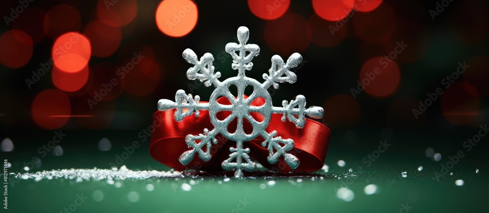 Poster a silver snowflake with a red bow rests on a green background creating a festive christmas or new ye