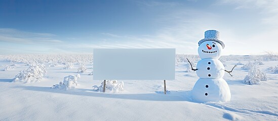 Winter themed advertisement with a humorous twist A real snowman displaying an empty sign outdoors against a snowy backdrop perfect for promoting winter season deals shopping and sales Includes copy