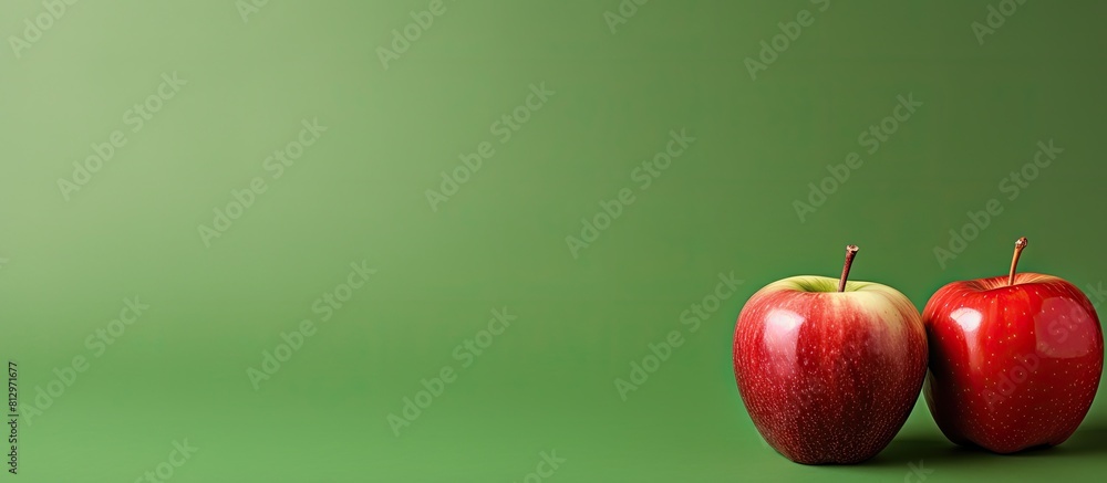 Poster minimal style concept with red and green apples showcased against a red background providing ample c