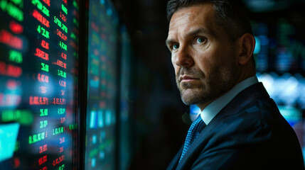 Confident male stock trader analyzing financial data displayed on multiple screens in a dark trading room.