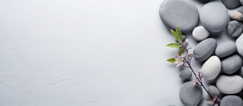 The gray modern background is adorned with transparent natural stones like stone rhinestones and rock crystals It creates a serene atmosphere perfect for spa yoga or as a cover There is also enough c