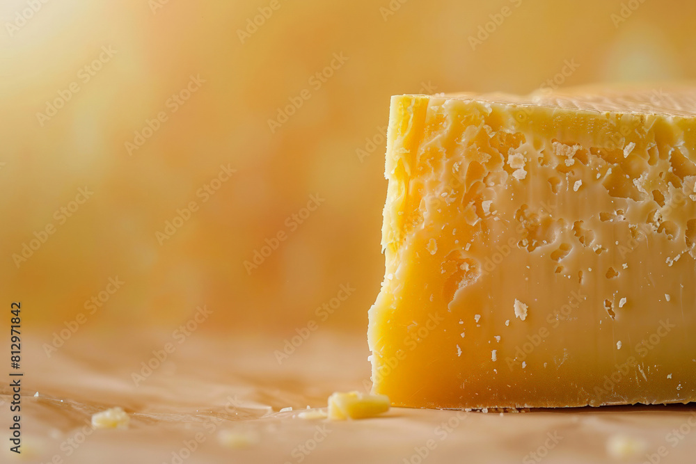 Poster close-up of a wedge of aged cheddar cheese on a smooth gradient background transitioning from dark t