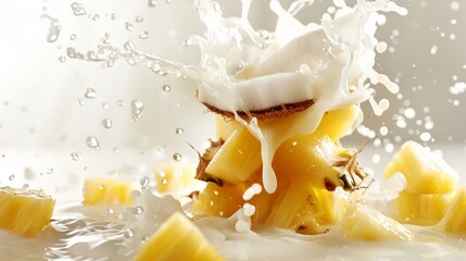 A stack of coconut and pineapple slices, splashes of cream highlighted on a white background.