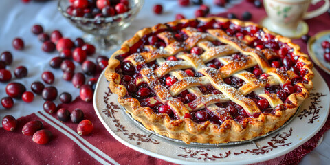 Close-up of cranberry pie with a lattice crust, steaming hot, served on a vintage plate 