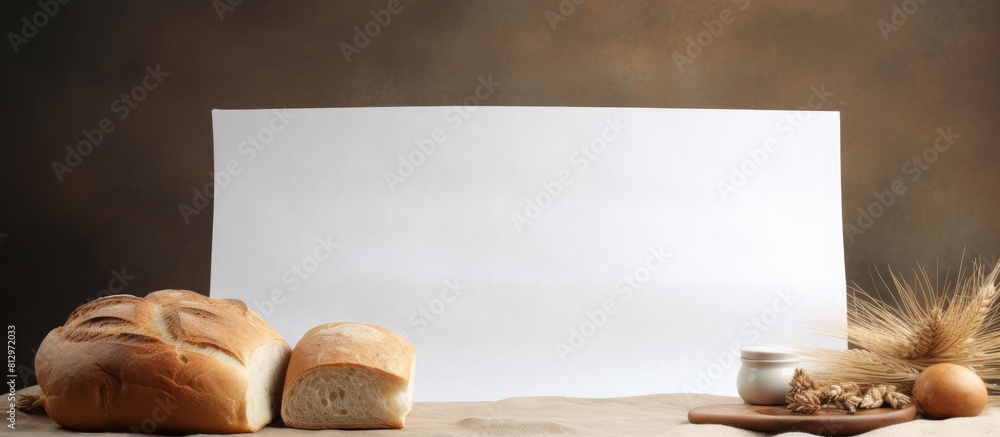 Aufkleber a light background showcasing a sheet of paper with text space accompanied by some bread. copyspace 