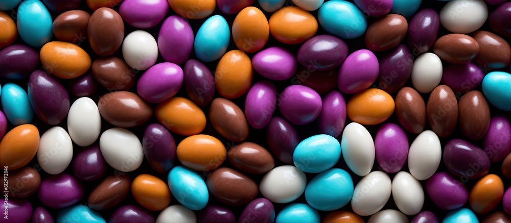 Poster closeup background of colored dragees and chocolate eggs creating a delectable copy space image for 