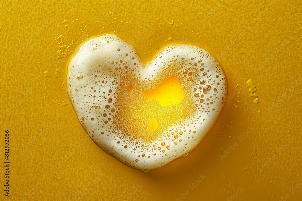 Poster conceptual image of beer foam forming the shape of a heart, on a simple yellow background