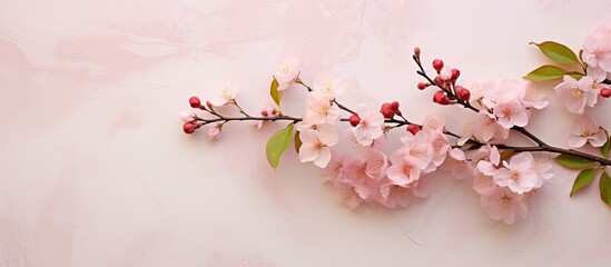 A flower arrangement featuring spring branches of a blooming apple tree on a pastel pink marble background There s a blank paper and ample copy space in the image Top view