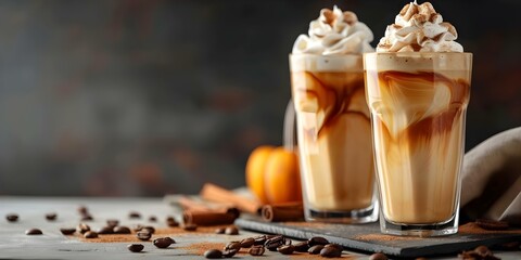 Advertise Your Studio with Tall Glasses of Pumpkin Spice Latte Topped with Whipped Cream. Concept Studio Promotion, Pumpkin Spice Latte, Whipped Cream, Fall Theme, Coffee Lovers