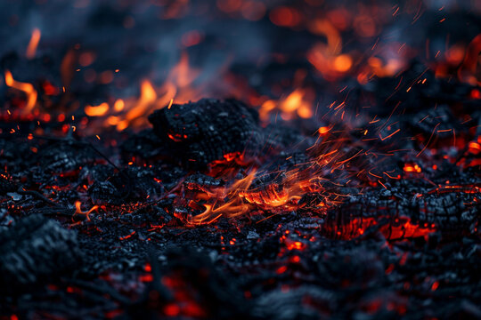 Close-up of smoldering embers in a burned-out field, glowing red and orange amidst blackened earth 
