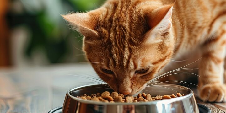 Happy kitty cat eating dry food from her bowl