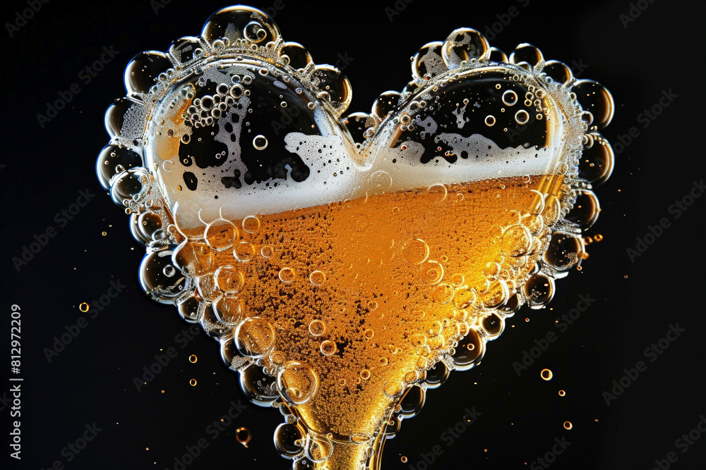 Poster conceptual image of beer foam forming the shape of a heart, on a simple black background