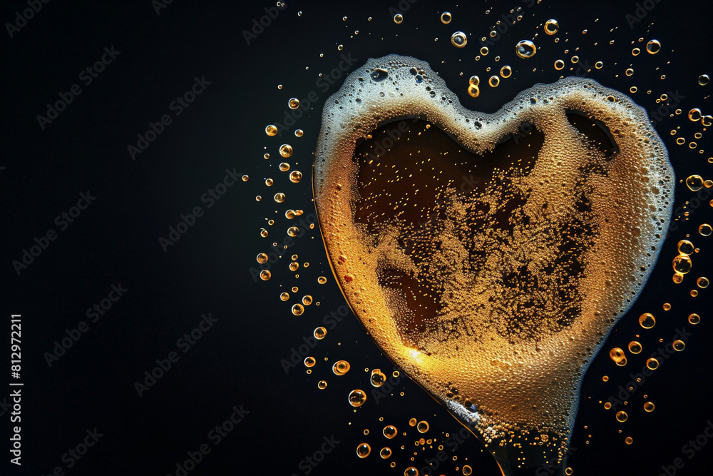 Poster conceptual image of beer foam forming the shape of a heart, on a simple black background