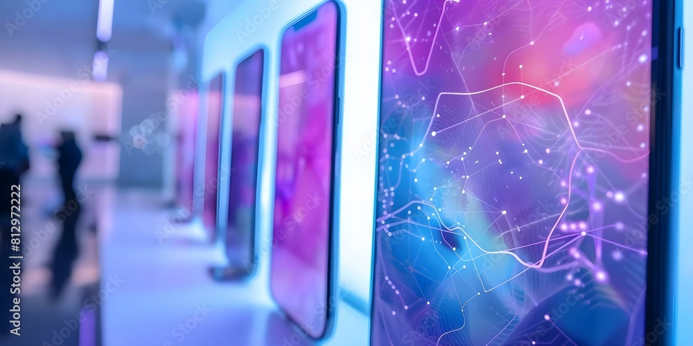 Poster mobile phone exhibit showcases futuristic metaverse experiences using web3 blockchain technology. co