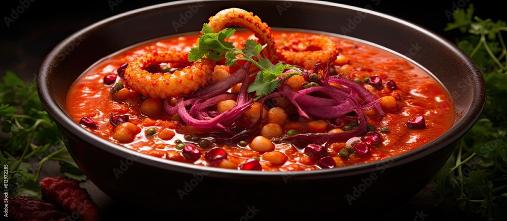 Poster a visually appealing copy space image of a vibrant crimson soup showcasing an appetizing blend of su