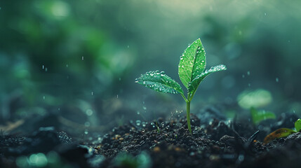 ?????A tiny green seedling is growing out of the wet soil while it's raining