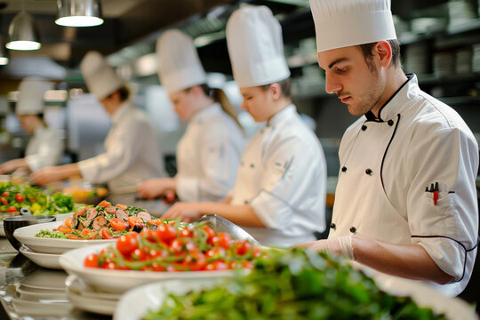 Cooking class in action at a professional cooking school, students in chef hats focused on preparing gourmet dishes 