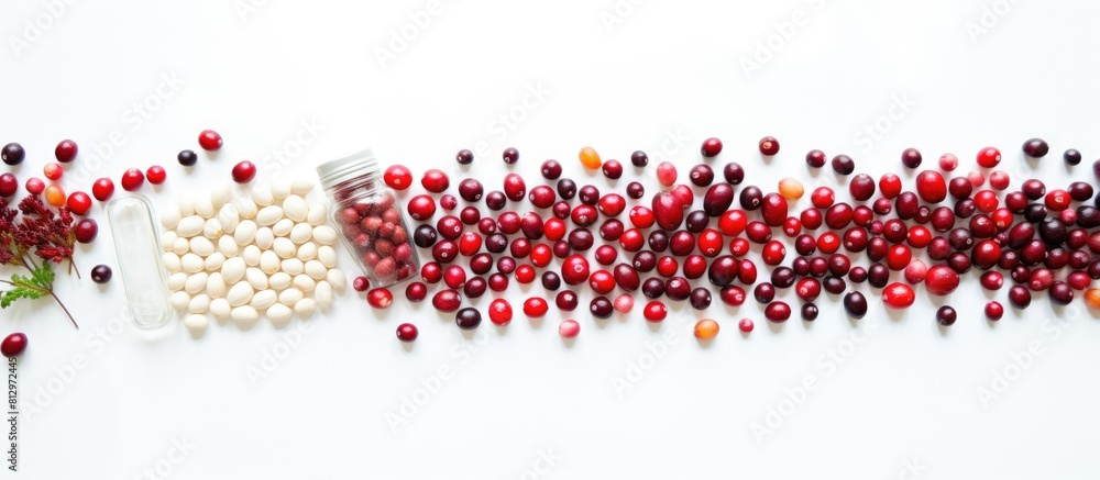 Poster top view of a natural alternative medicine setup with herbal remedies in capsules and a cranberry ov