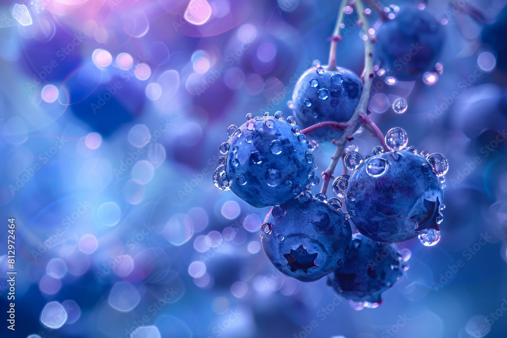 Poster digital abstract of floating blueberries in a dream-like setting, surreal blues and soft focus