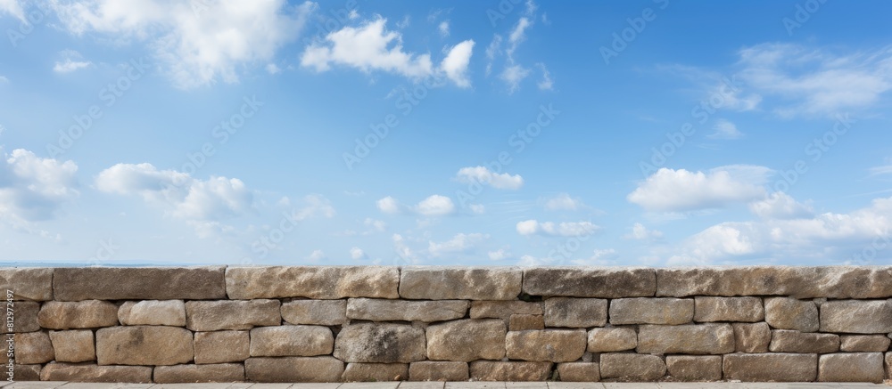Poster copy space image of an ancient stone wall with a backdrop of blue sky providing an ideal spot for te