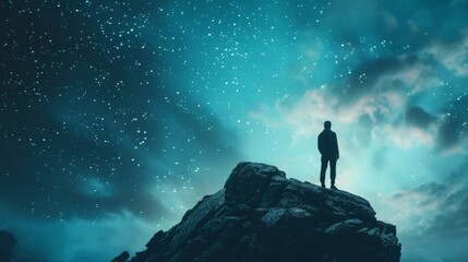 Fototapeta premium Night sky long exposure landscape. A man standing on a high rock watching the stars rise into the night sky. Photo composite.