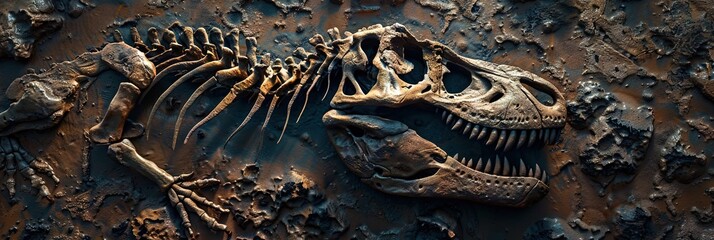 Fototapeta premium Dinosaur fossils - wide banner with skeleton
