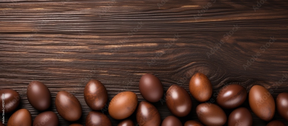 Poster top view of chocolate easter eggs on a dark wooden background with ample space for additional images