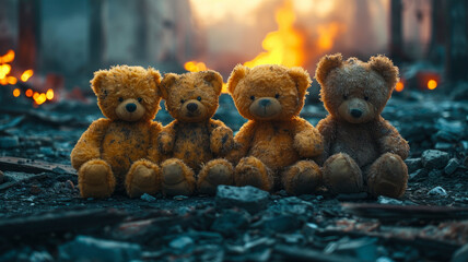 Visual Echoes Of War: Four Teddy Bears Amid Flames And Ruins, Ai Generated