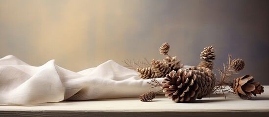 Obraz premium A copy space image showcasing neatly folded towels on a table accompanied by sprigs of fir and pine cones against a backdrop of sheer tulle curtains