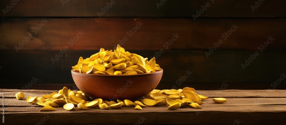 Poster wooden table with a bowl of jackfruit seeds allowing for text to be added in the open area. copyspac