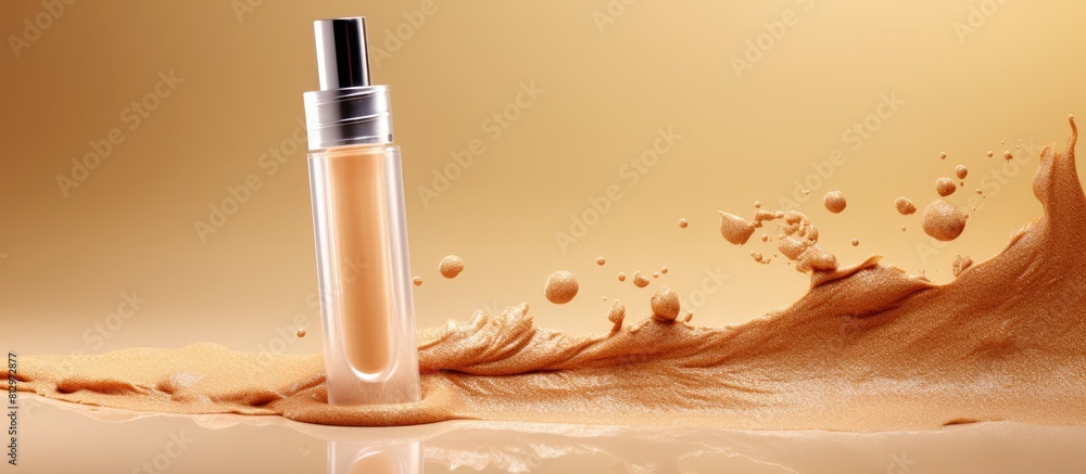 Poster beige background with a pipette dripping cosmetic serum creating a captivating copy space image